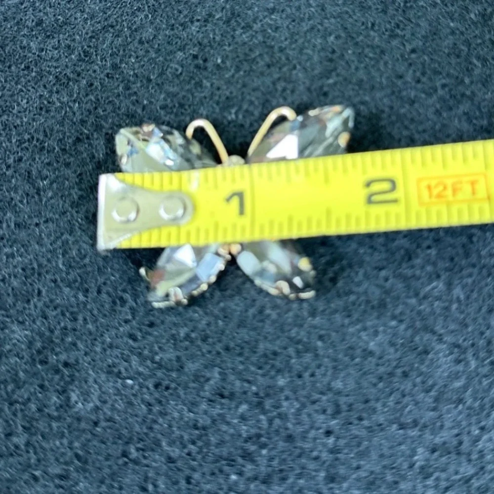 Vintage Gold Tone Smoky Grey Rhinestone‎ Butterfly Charm Brooch Accent